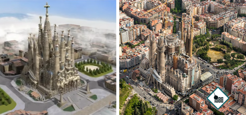 Luchtfoto van de te slopen gebouwen voor de toegang tot de basiliek. Links: Sagrada Familia voltooid. Rechts: Status anno 2018