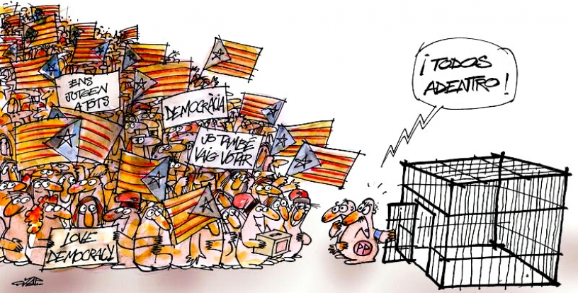 Catalan crowd with Rajoy attempting to cage them