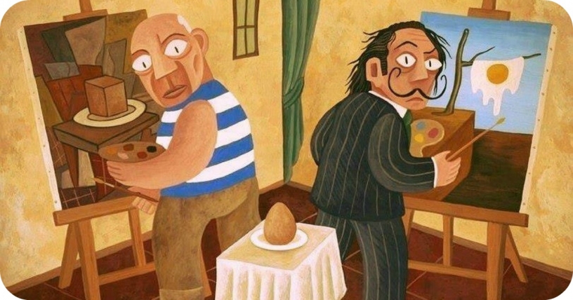 Picasso and Dalí painting the same egg. Cubism and Surrealism